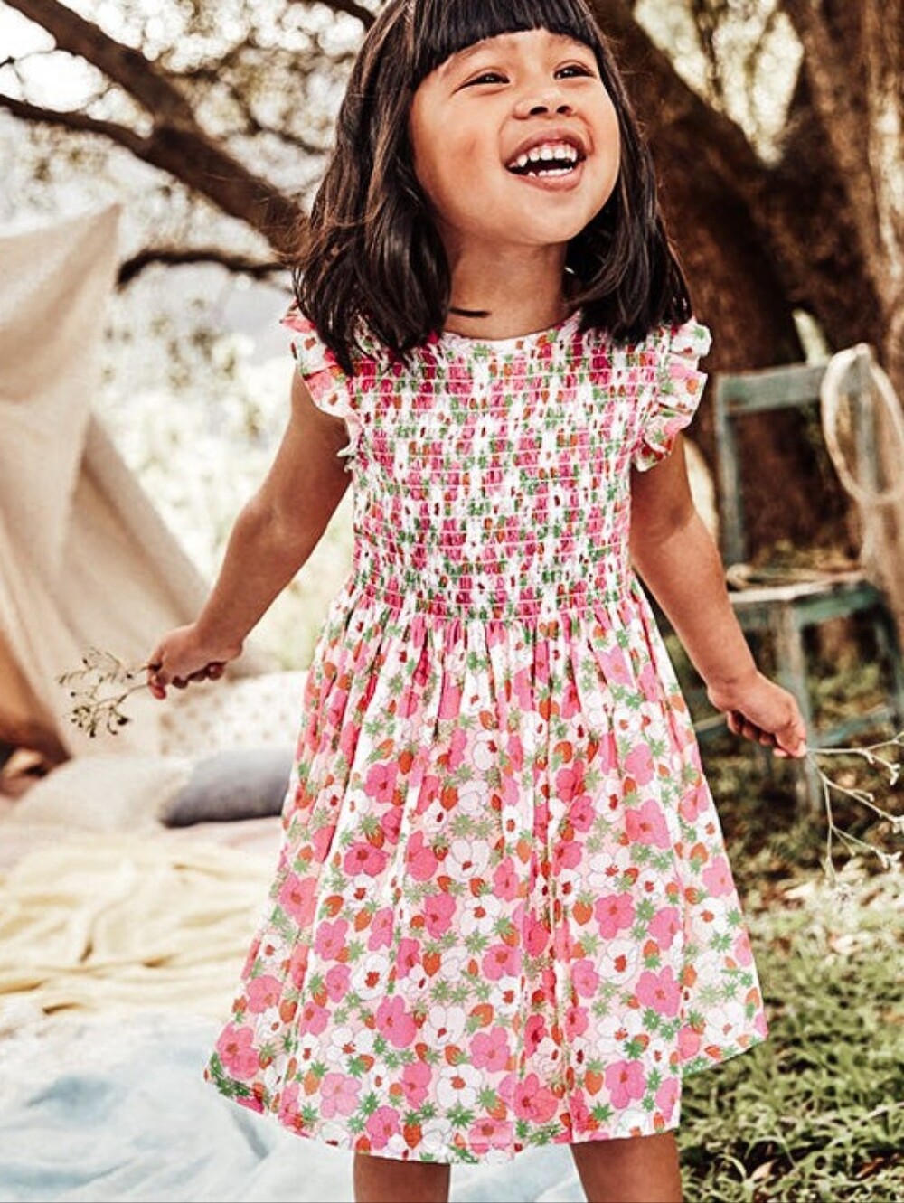 Mini Boden girls' Dress Pink Floral and Strawberry Garden Cottage Sz 3-4Y